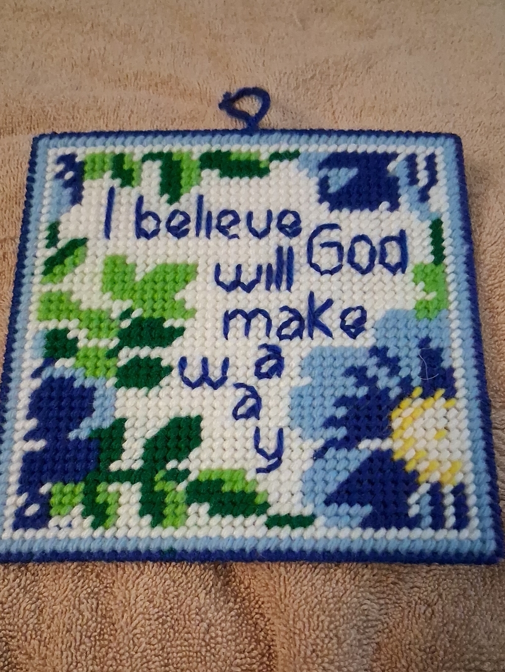 Handmade Blue & Green Floral Wall Hanging with Inspirational Quote